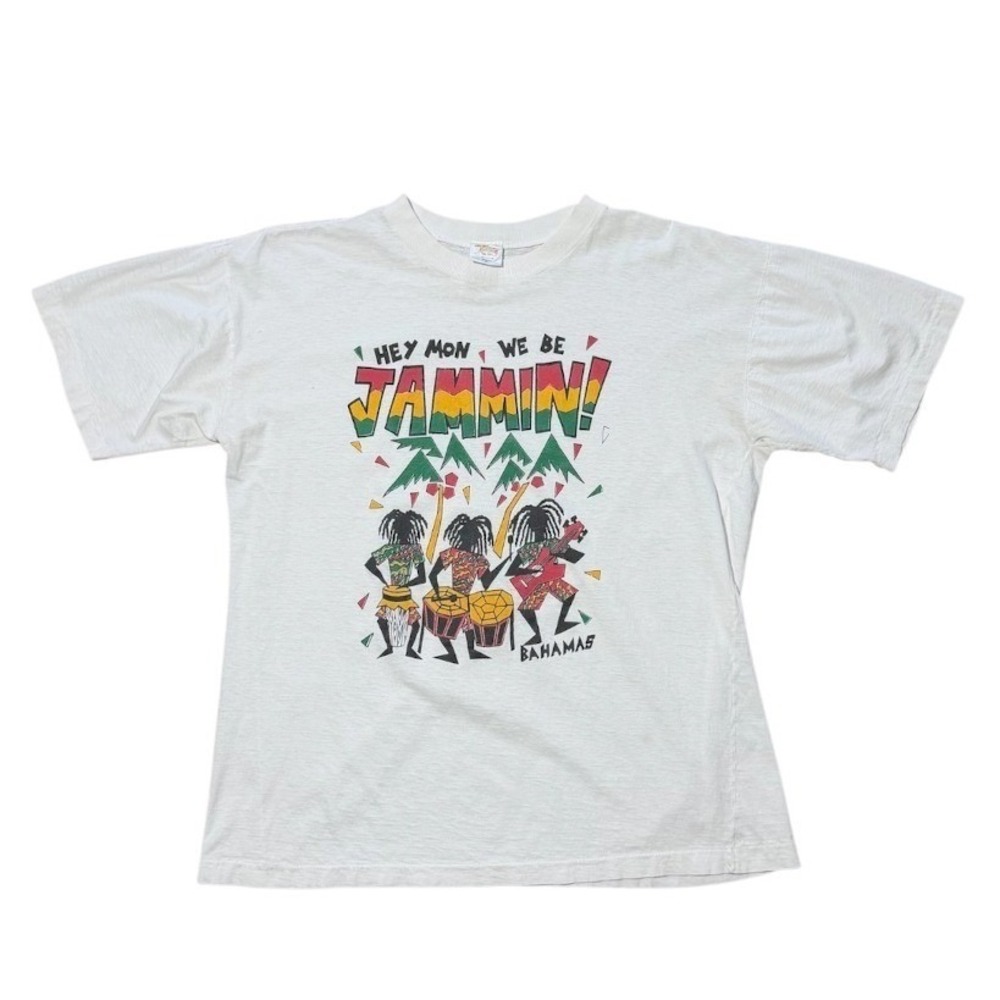 Vintage 80s Bahamas Reggae Hey Mon We Be Jammin Souvenir Tourist Graphic T-Shirt